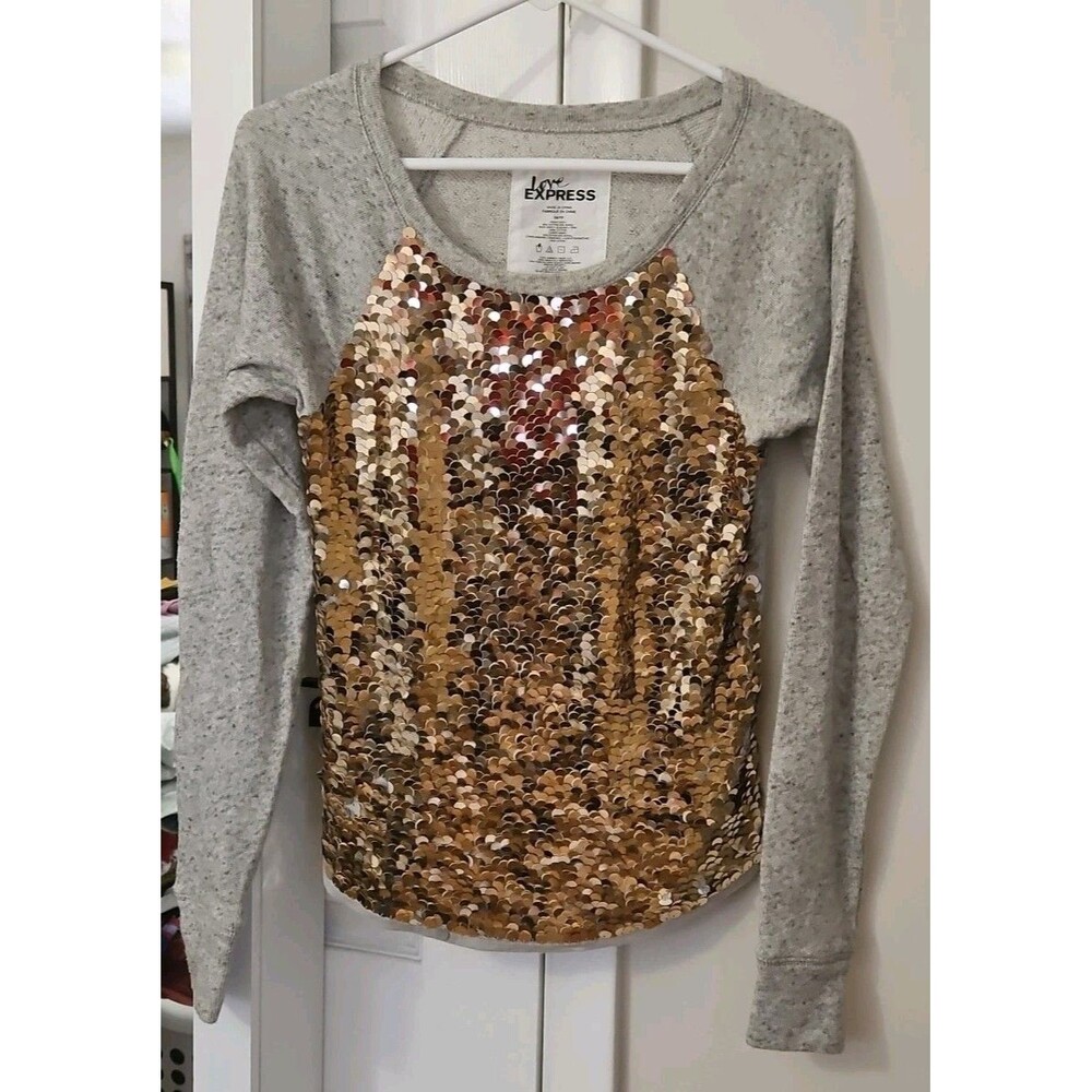 Love Express Women's XS Mermaid Gold & Silver Sequin Shirt Long Sleeve Top Gray